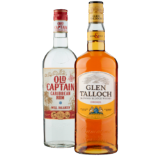 Old Captain Caribbean rum
wit of bruin fles à 700 ml,
Glen Talloch Schotse whisky
of Esbjaerg vodka fles à 1000 ml